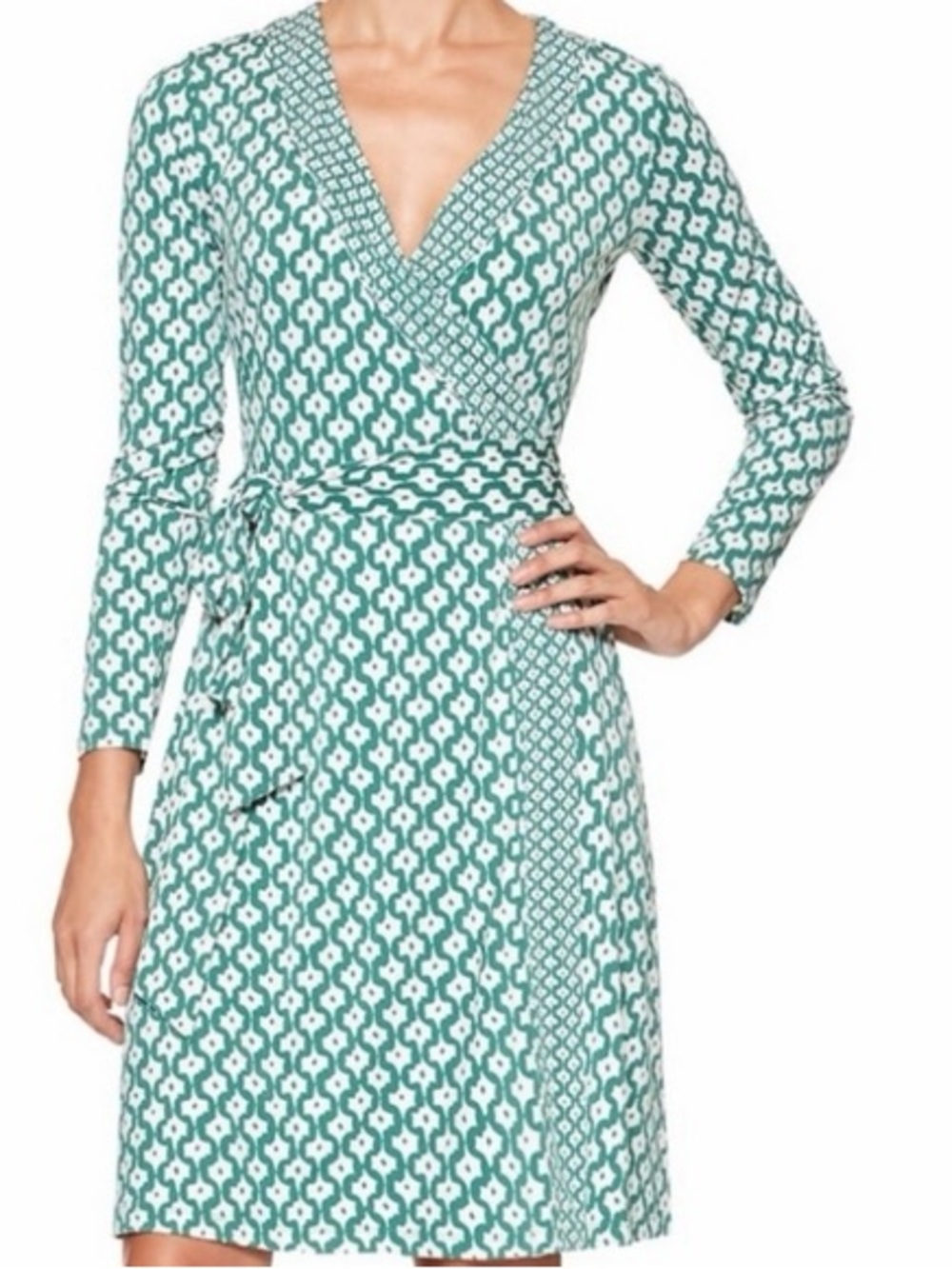 Banana Republic Geometric Wrap Midi Dress in Green & White Size Small Like New